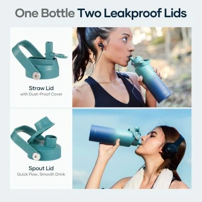 Buzio Duet Series Water Bottle with 2 Lids and Sleeve 700ML - Gradient Cyan